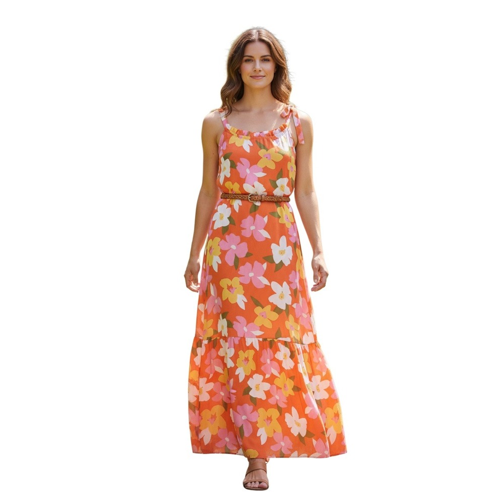 ANDRÉE BY UNIT NWT Orange Floral Maxi Dress Tie Shoulder Boho Tiered Tropical M